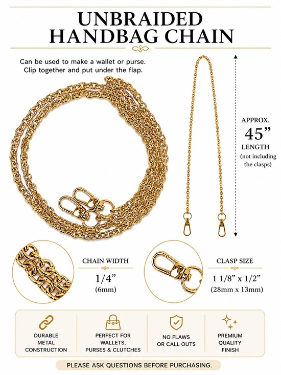 Accessories - Unbraided Gold Handbag Chain Strap – 45” Replacement Purse Chain